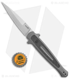 Kershaw Launch 8 Stiletto Automatic Knife Gray/CF (3.5" Stonewash) 7150 -Kershaw Knife Shop Kershaw Launch 8 Stiletto Auto Gray CF SW BHQ 94067 jr bottlecap