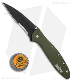 Kershaw Leek Assisted Opening Knife OD Green (3" Black Serr) 1660OLBLKST -Kershaw Knife Shop Kershaw Leek OD Green black serr BHQ 77342 er bottlecap 2
